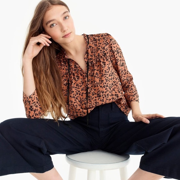 point sur Tops - J. Crew Point Sur Silk Black and Brown Floral Print Blouse